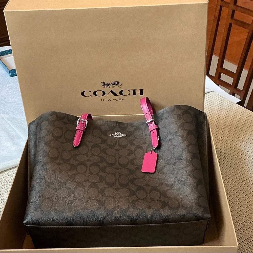Coach Brown Signature Tote with Pink Trim and Tag - Picture 5 of 6